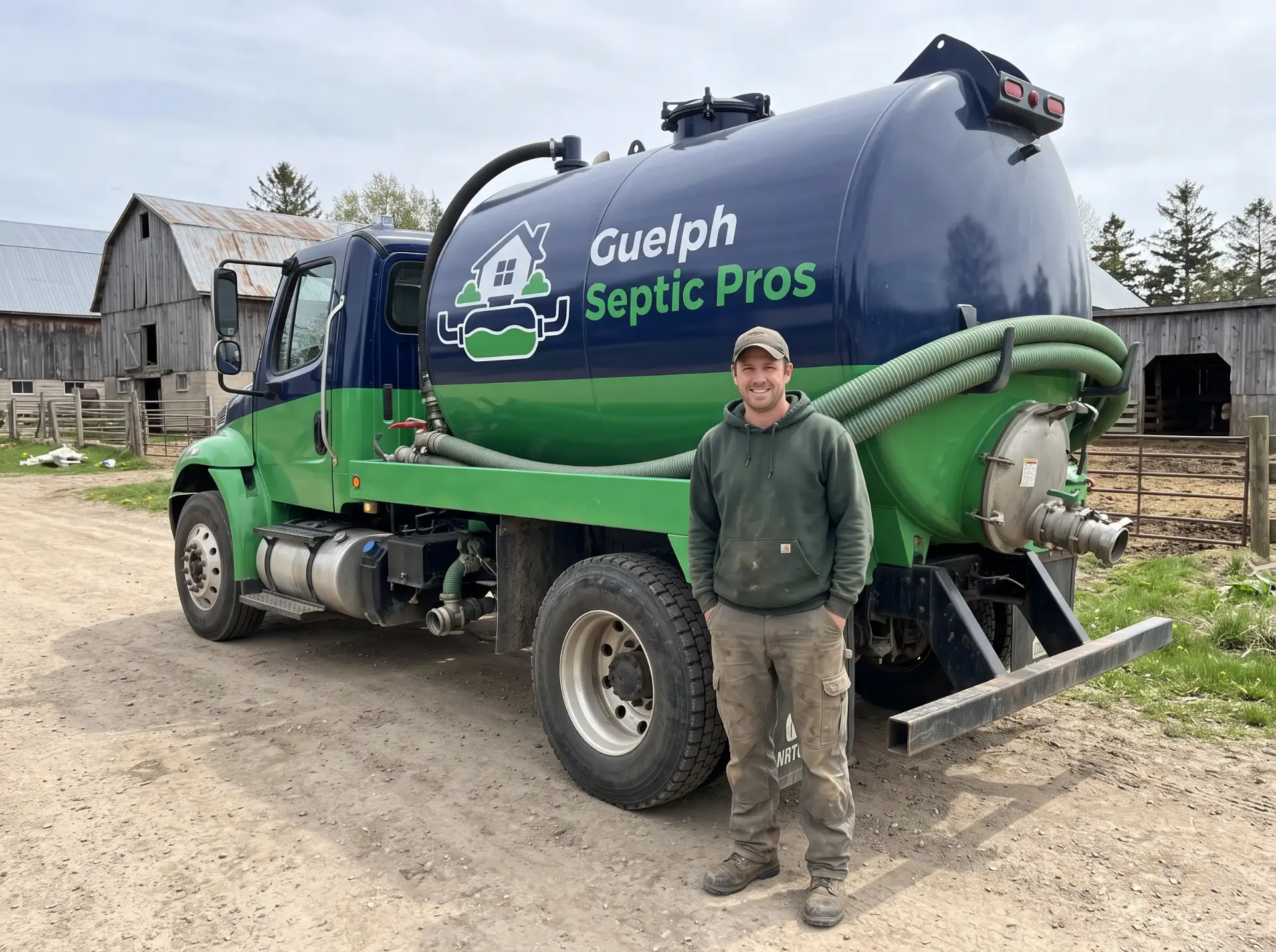 Septic repair technician arriving at a rural home near Guelph