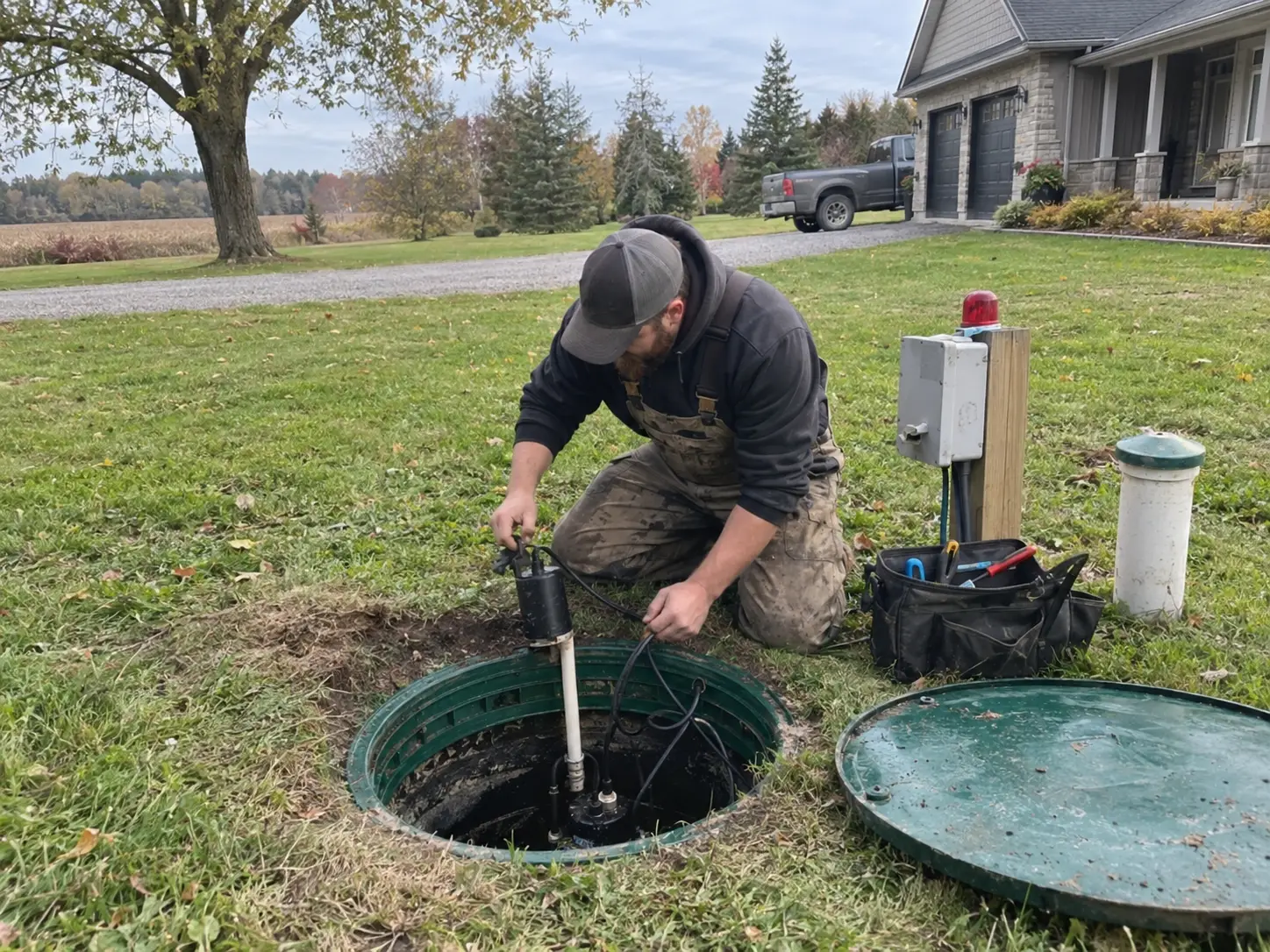 Technician replacing a septic pump during a septic repair in Guelph