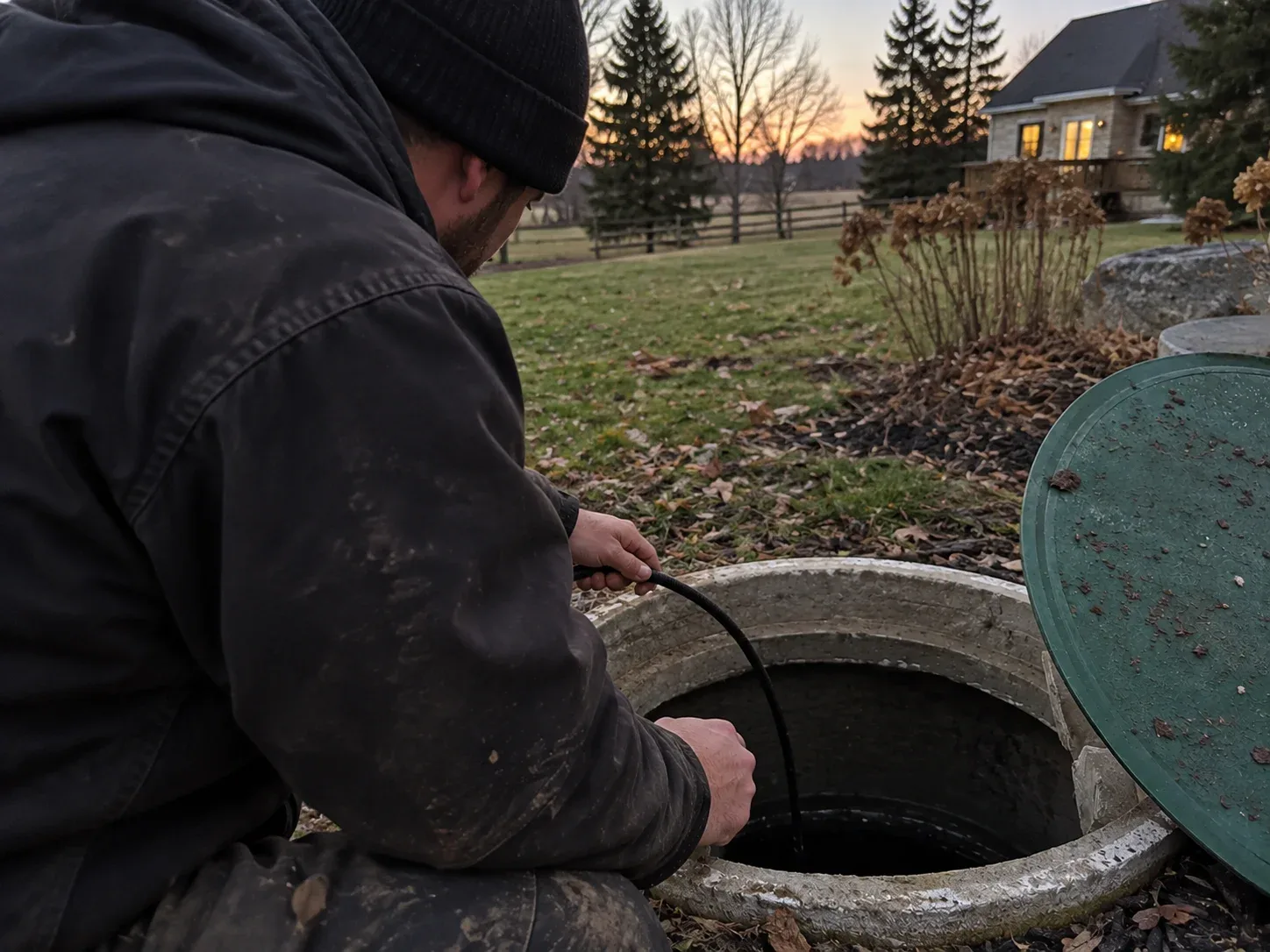 Technician opening a septic tank lid during a septic inspection in Guelph