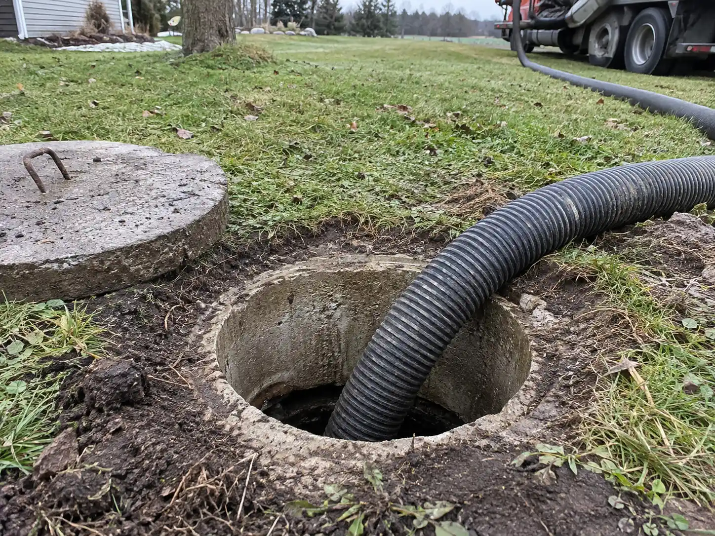 Vacuum hose in an open septic tank during septic tank cleaning