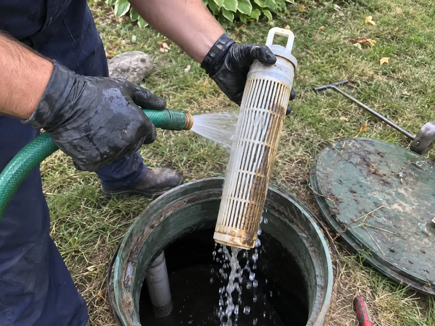 Technician cleaning a septic effluent filter during a pump-out