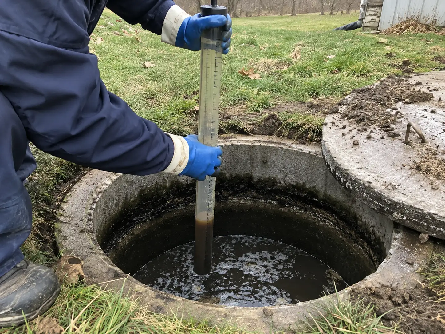 Technician measuring the sludge level during a septic tank inspection